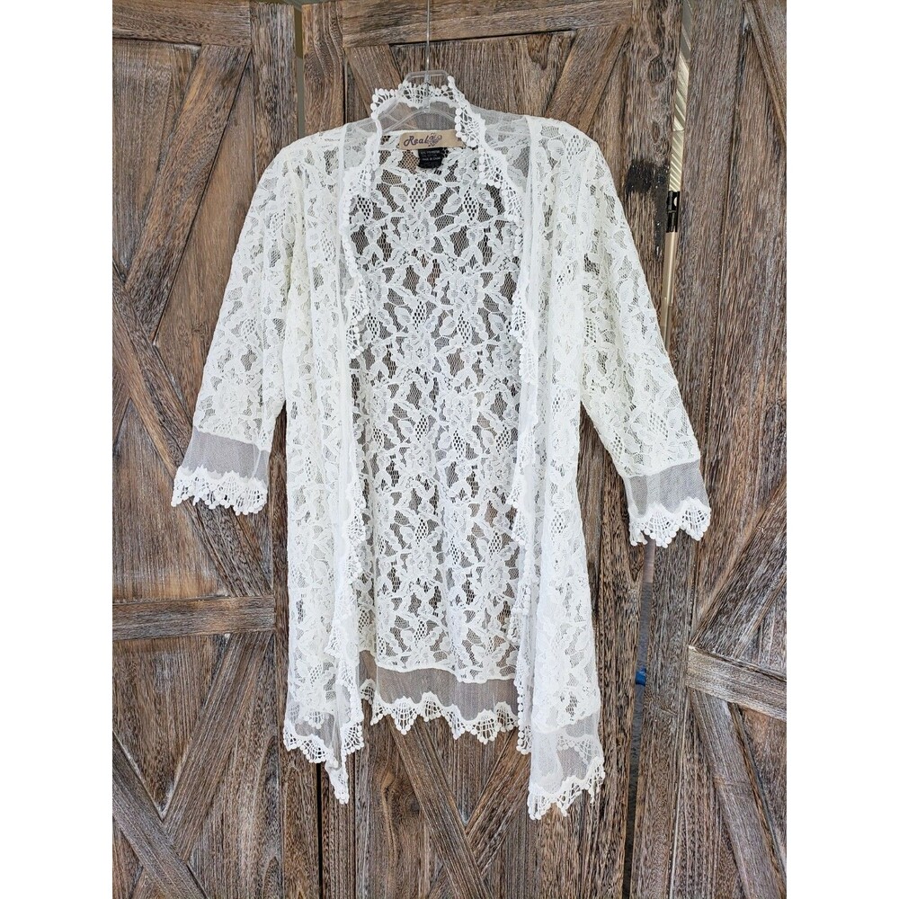 Real Lace Cardigan Size M Ivory 3/4 Sleeves Scalloped Edges Open Front Festival